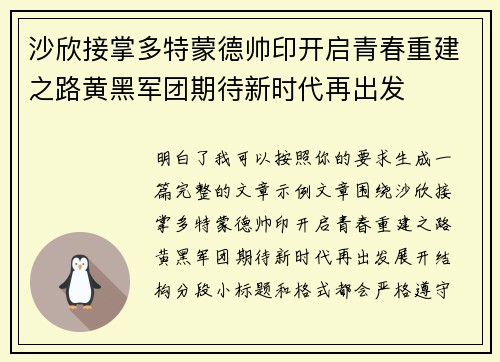 沙欣接掌多特蒙德帅印开启青春重建之路黄黑军团期待新时代再出发